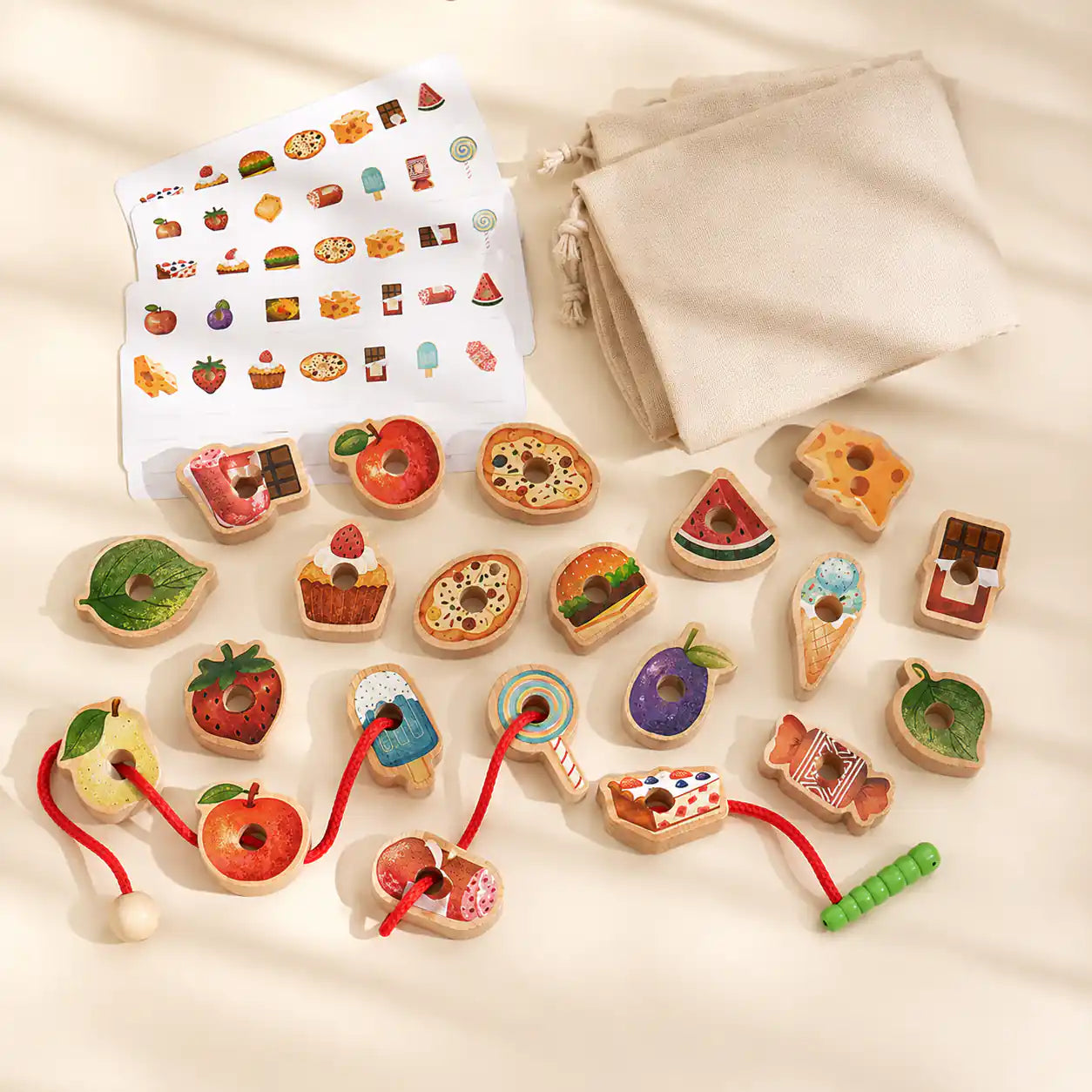 Toddler lifestyle scene with the wooden food lacing threading set