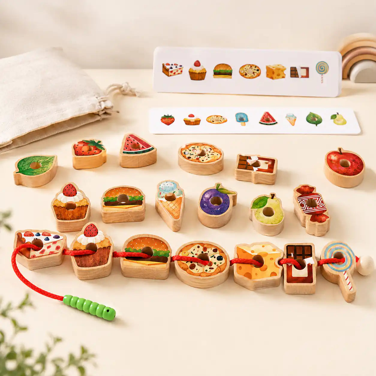 Top view of wooden food beads included in the lacing set