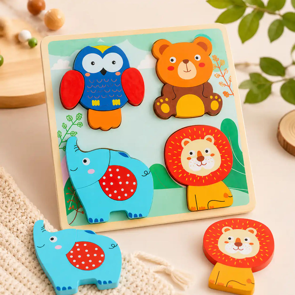 Wooden forest animals chunky puzzle for toddlers with owl, bear, elephant, and lion pieces Montessori first puzzle