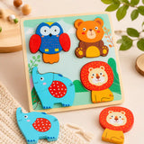 Wooden forest animals chunky puzzle for toddlers with owl, bear, elephant, and lion pieces Montessori first puzzle