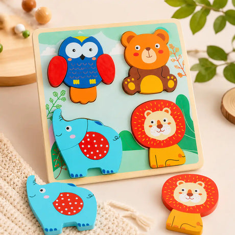Wooden forest animals chunky puzzle for toddlers with owl, bear, elephant, and lion pieces Montessori first puzzle
