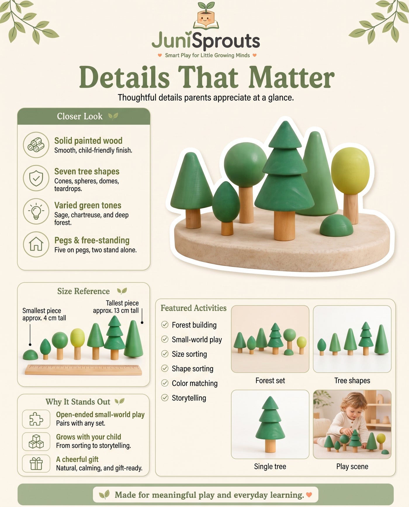 Wooden Forest Tree Set details and size reference