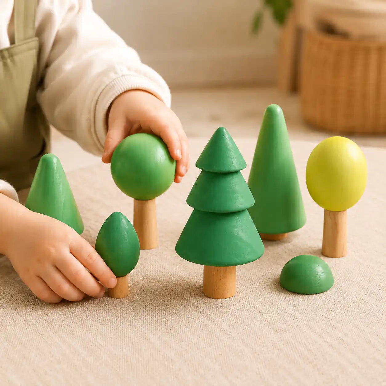 Small hands placing wooden trees into a forest play scene on a warm neutral surface