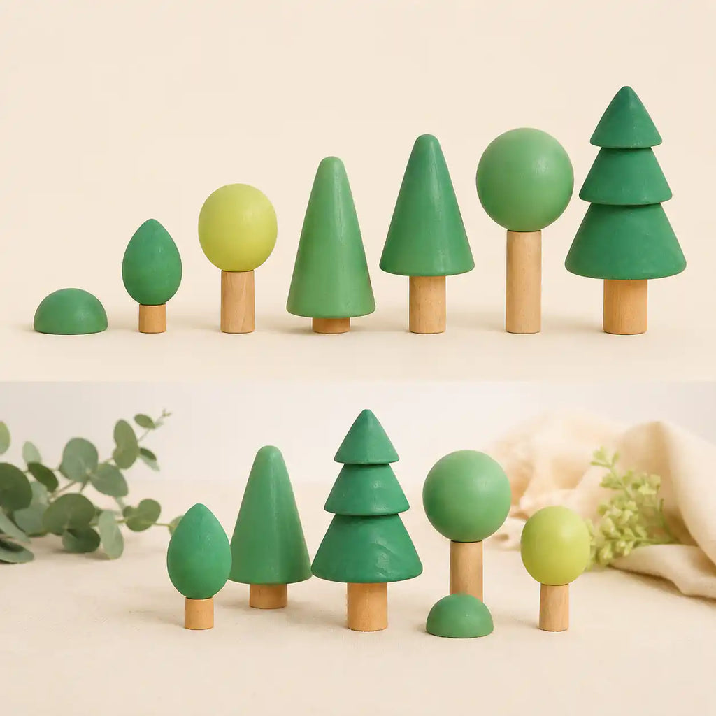 Close-up of a single wooden tree showing painted finish and smooth carved shape