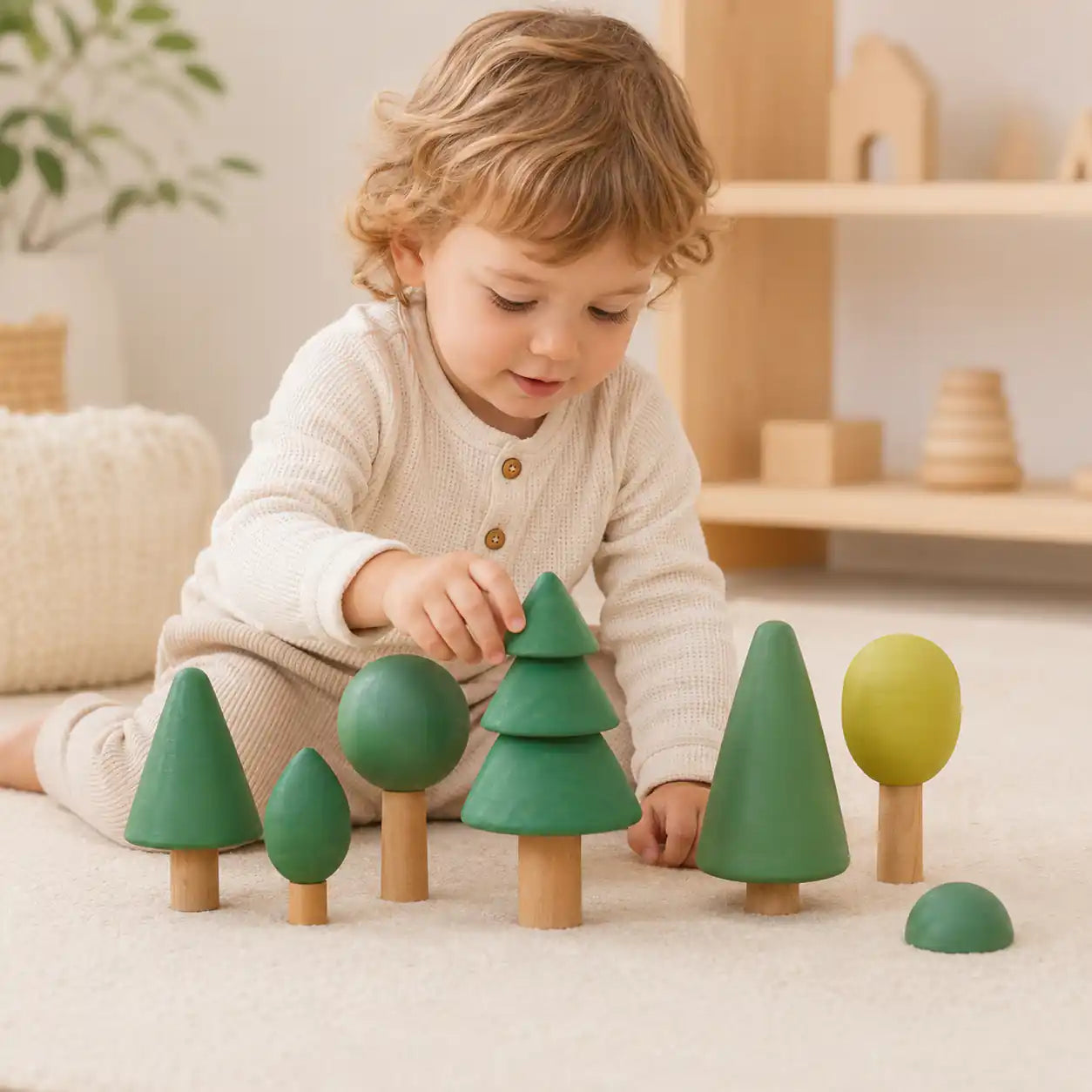 Wooden forest tree set beside a ruler and tape measure showing size and scale