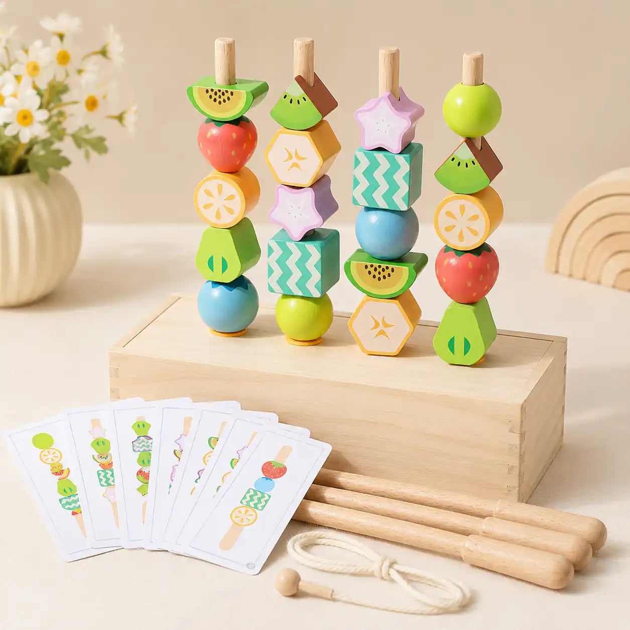 Wooden fruit bead stacking set with 4 standing dowels holding colorful fruit beads in a solid wood box base, pattern cards in the foreground