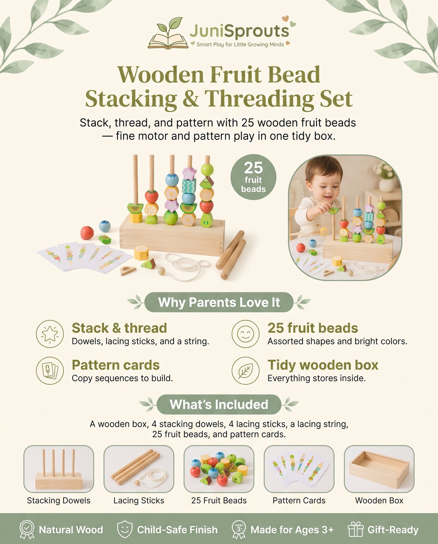 Wooden Fruit Bead Stacking & Threading Set overview and what's included