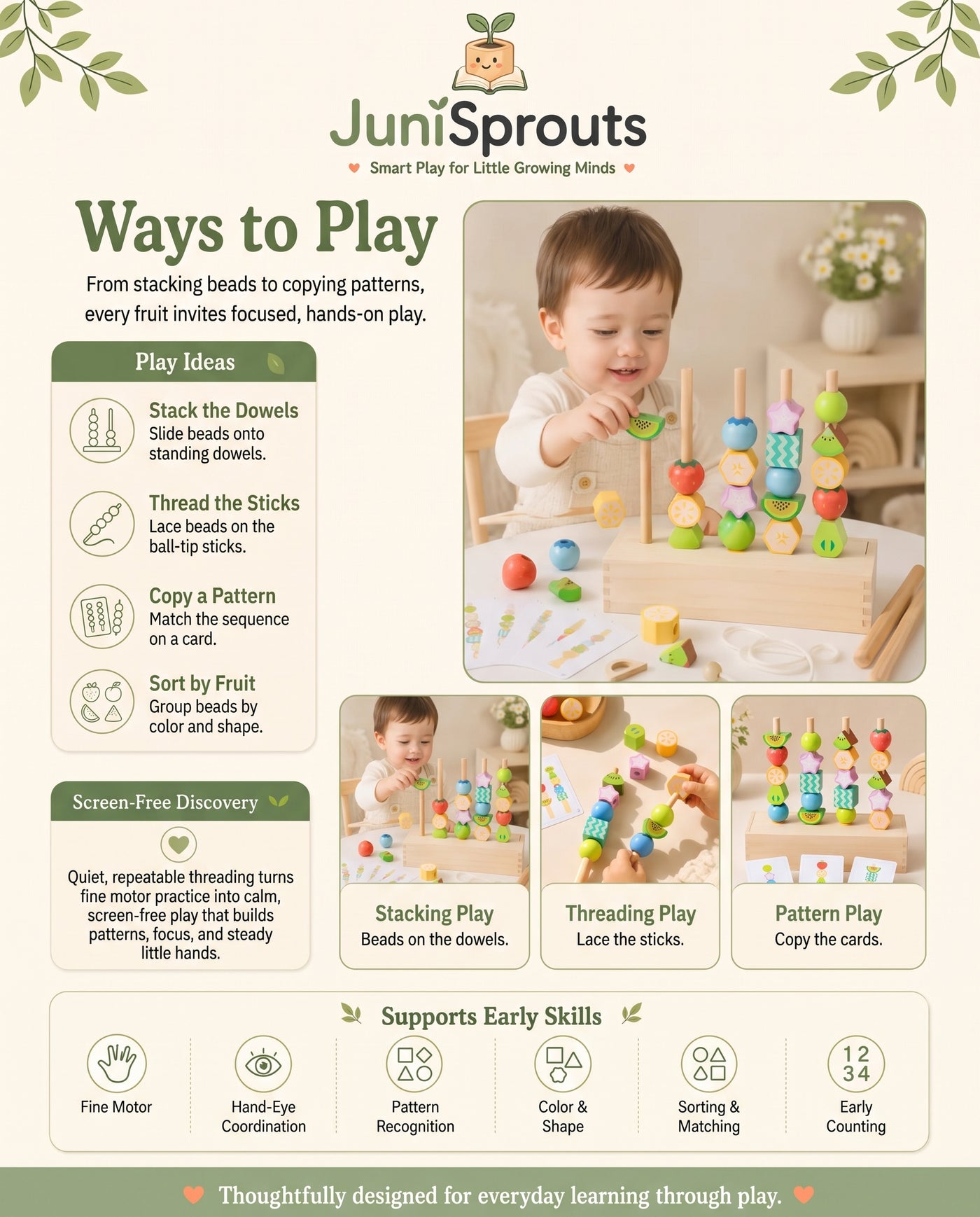 Wooden Fruit Bead Stacking & Threading Set ways to play and early skills