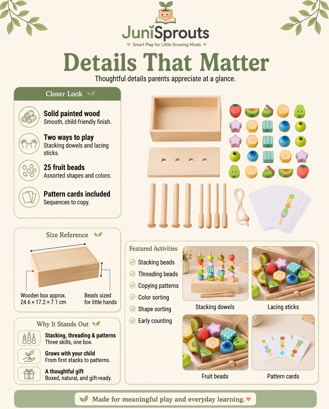 Wooden Fruit Bead Stacking & Threading Set details and size reference
