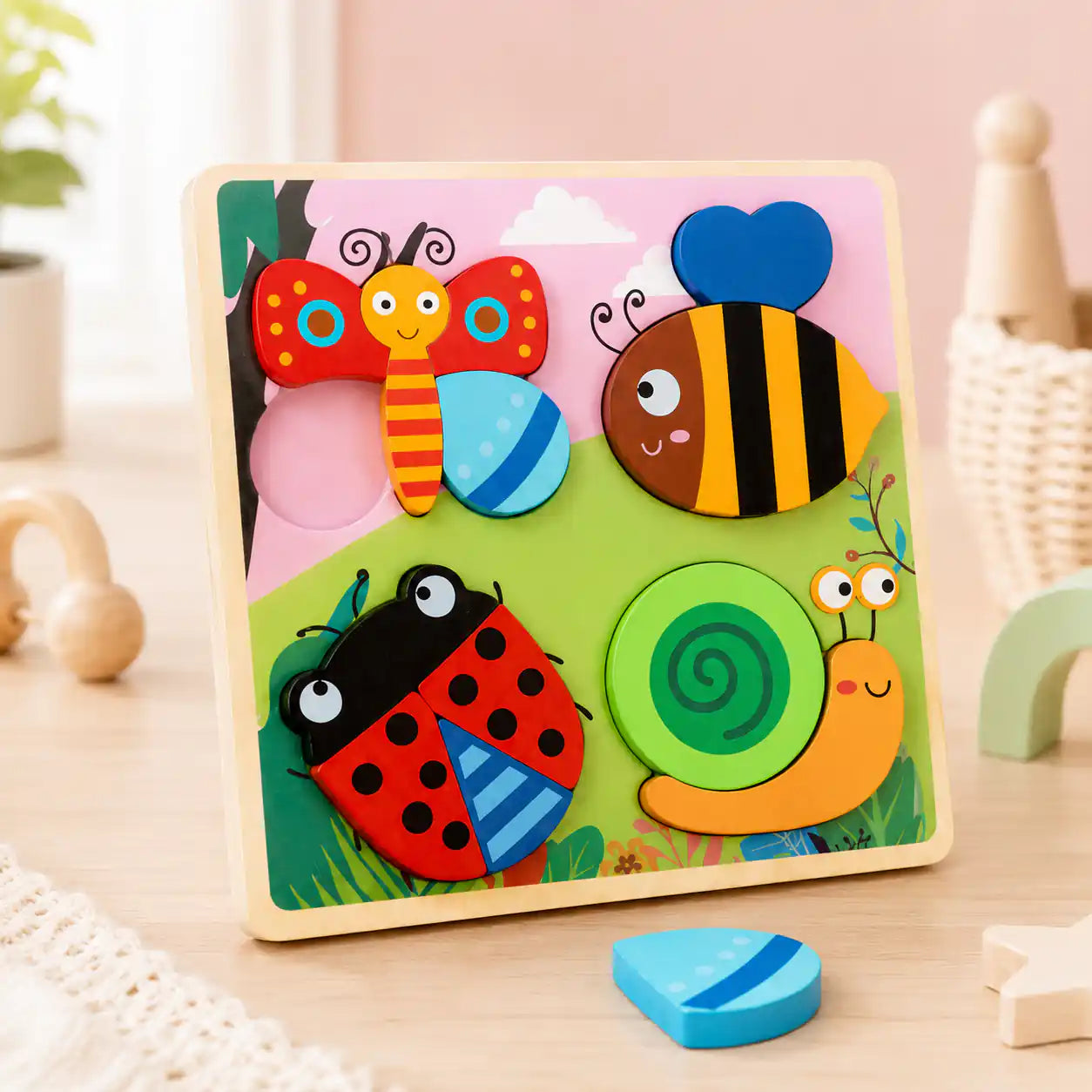 Wooden garden bugs chunky puzzle for toddlers with butterfly, bee, ladybug, and snail pieces Montessori first puzzle