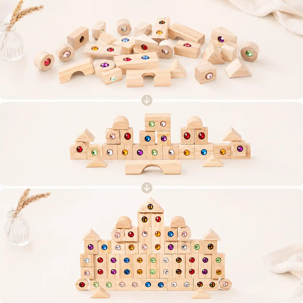 Natural wood finish of the Montessori-inspired gem building blocks set