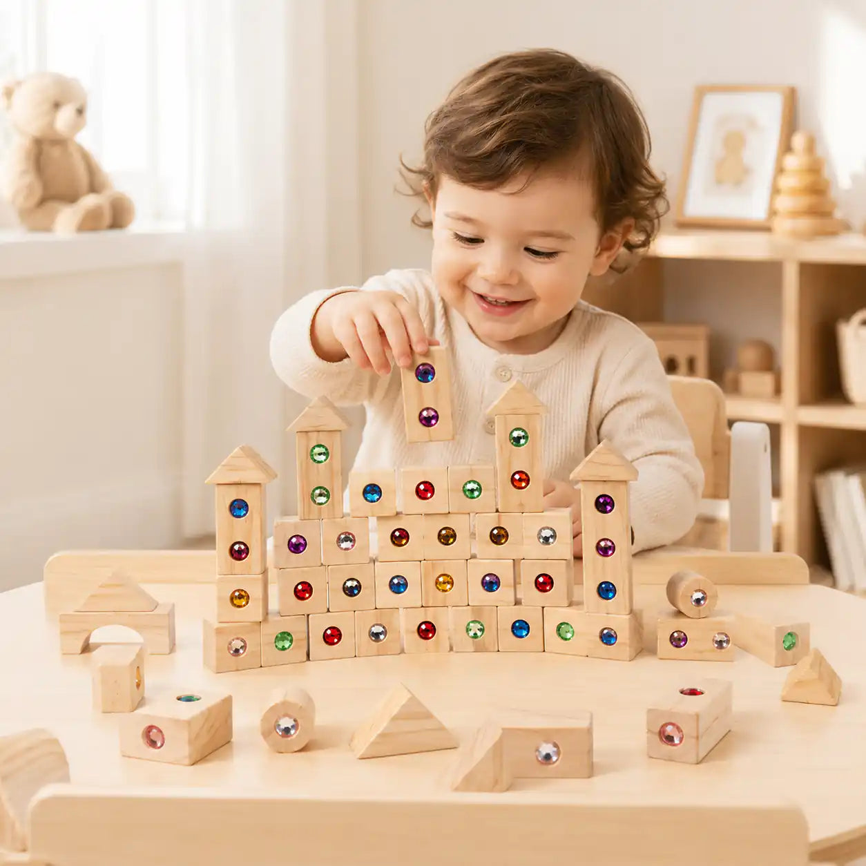 Wooden gem building blocks arranged for toddler stacking and sorting play