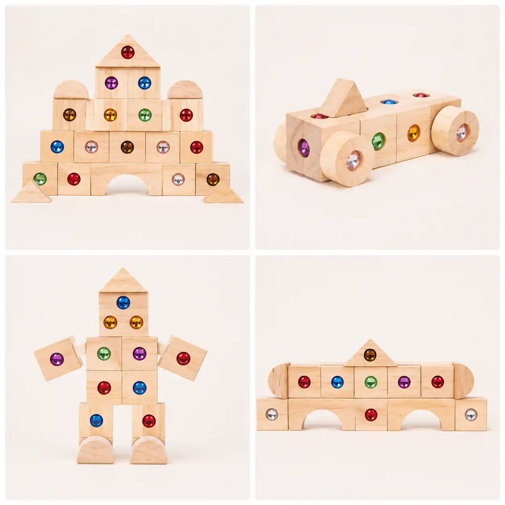 Wooden gem block frames showing sensory texture and natural finish