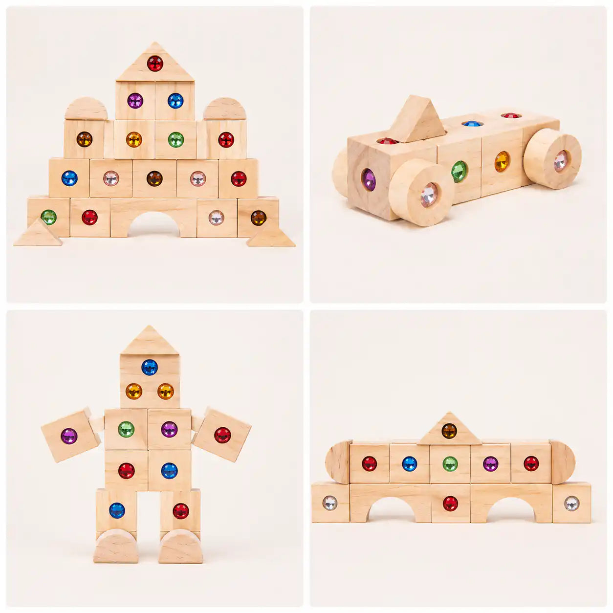 Wooden gem block frames showing sensory texture and natural finish