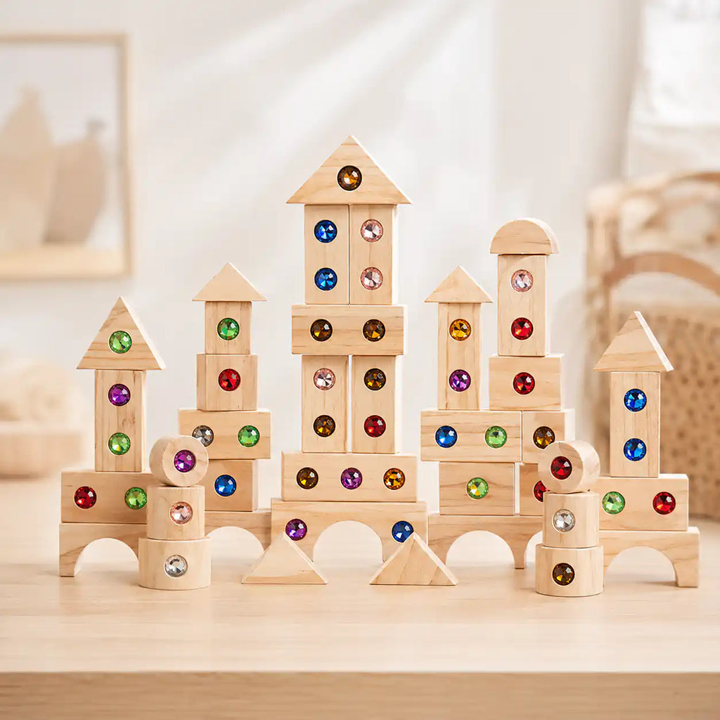 Top-down view of Montessori wooden gem building blocks with storage tray