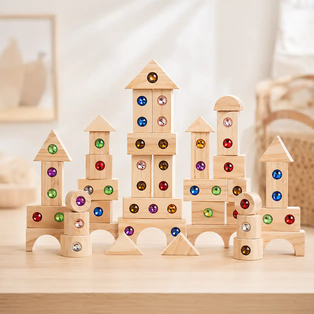 Top-down view of Montessori wooden gem building blocks with storage tray