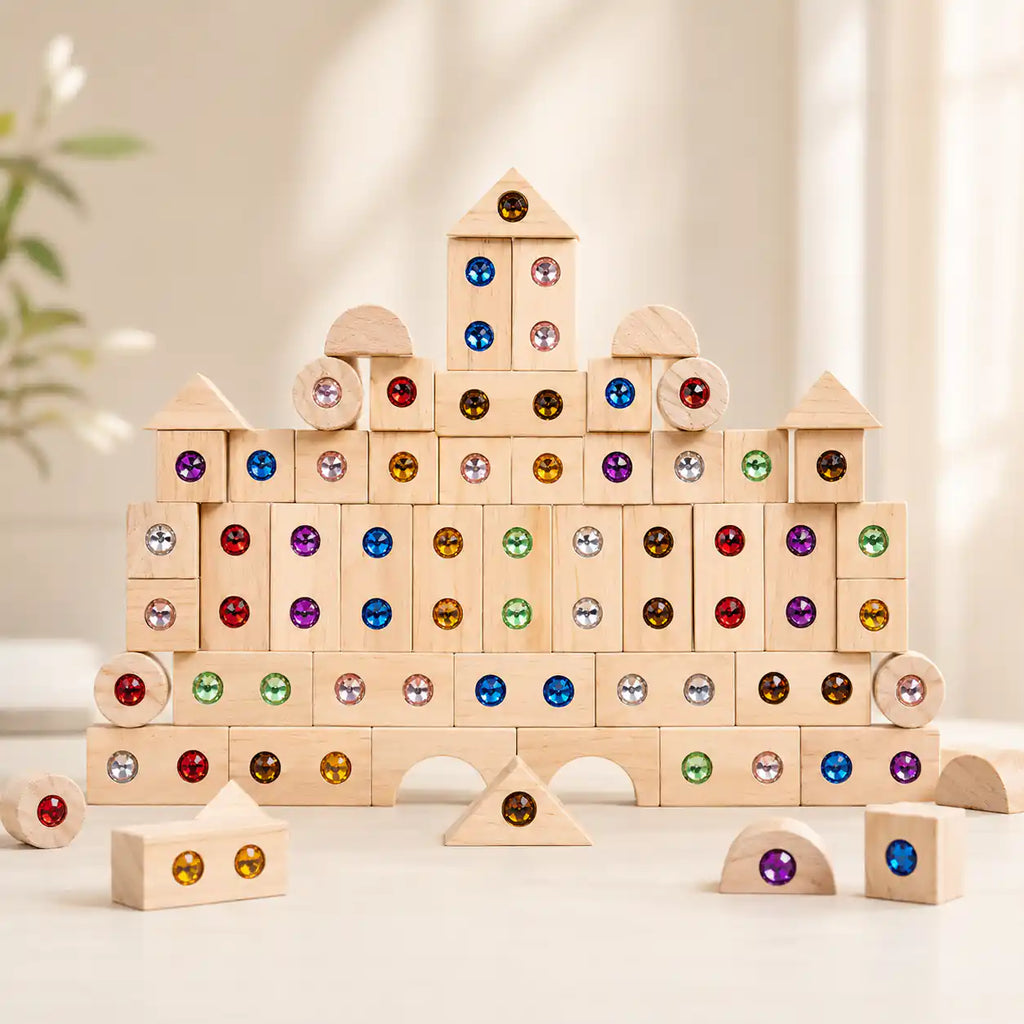 Wooden gem building blocks set with colorful embedded gems on a cream Montessori background
