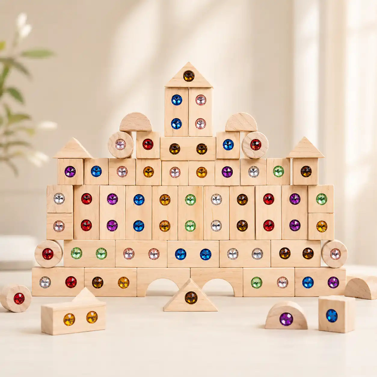 Wooden gem building blocks set with colorful embedded gems on a cream Montessori background
