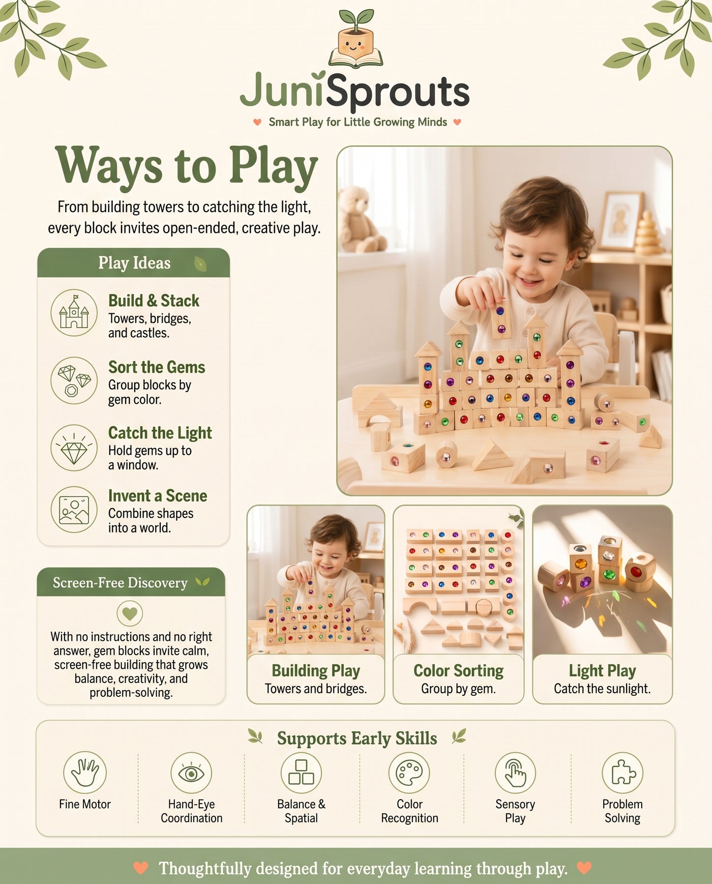 Wooden Gem Building Blocks Set ways to play and early skills