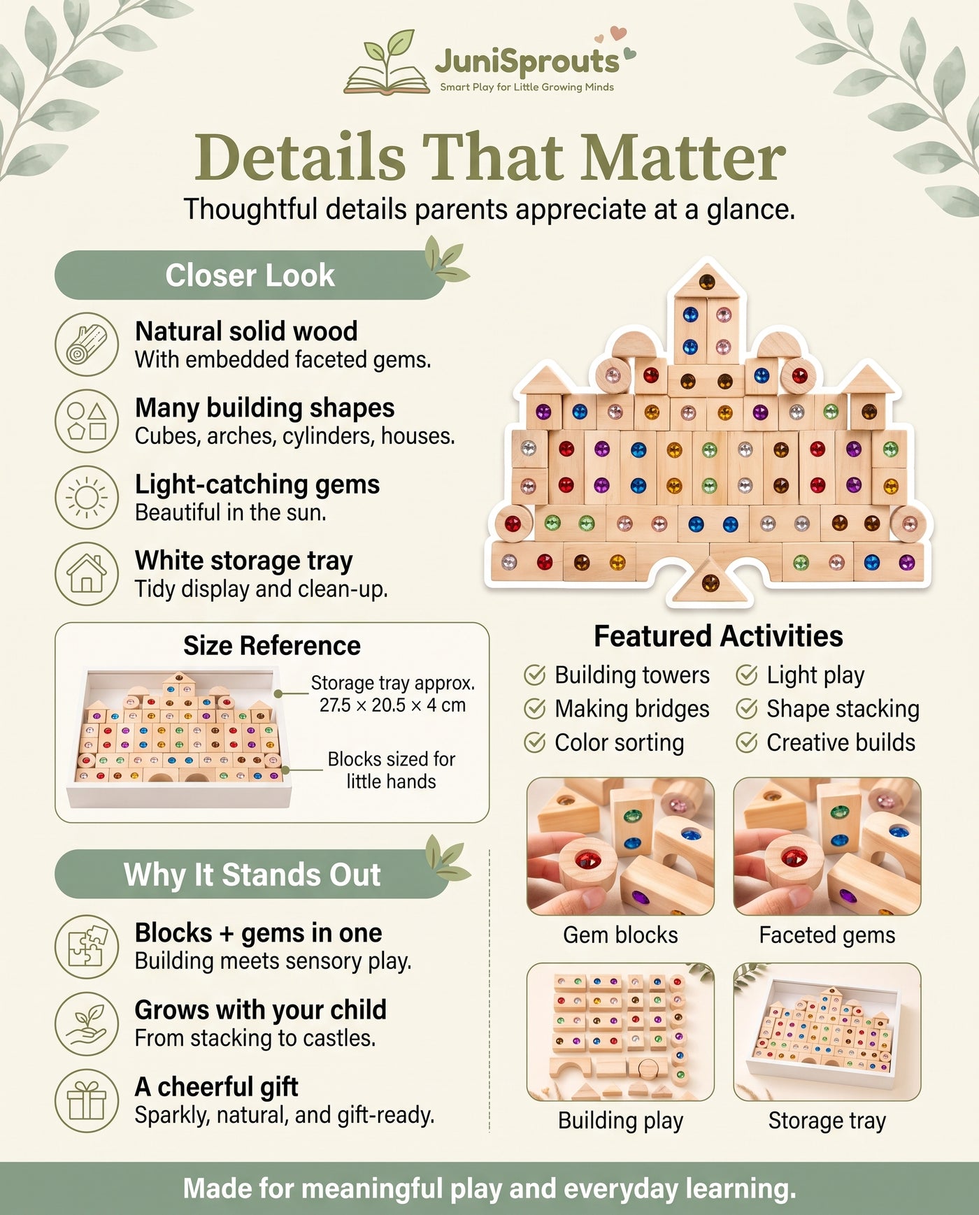 Wooden Gem Building Blocks Set details and size reference