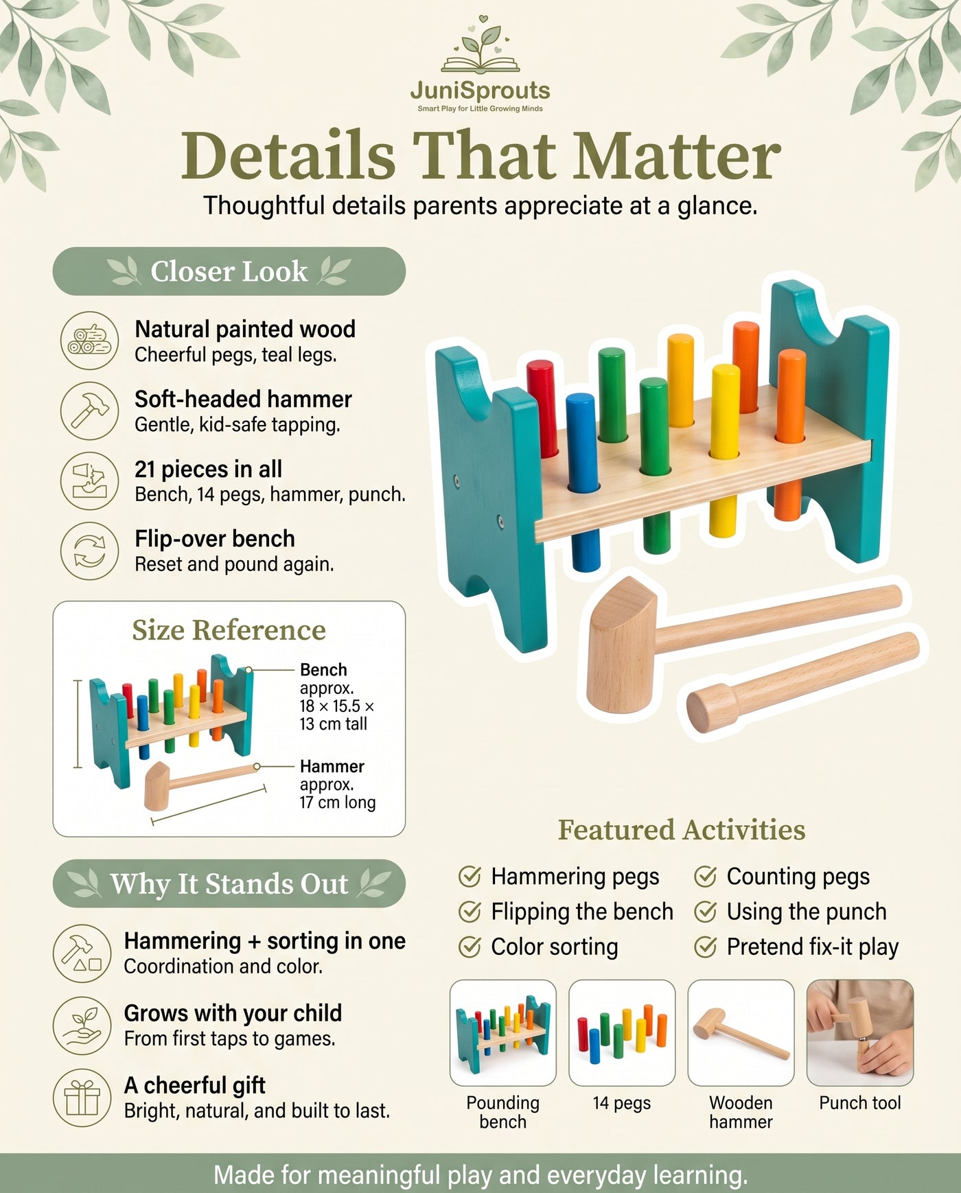Wooden Hammer & Peg Pounding Bench details and size reference