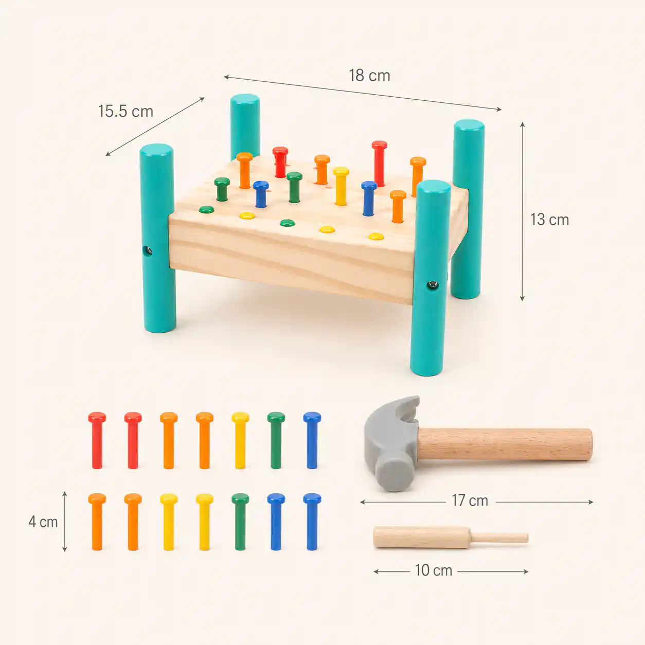 Wooden hammer and peg pounding bench size guide showing dimensions of the bench, 14 colored pegs, hammer, and punch tool in centimeters