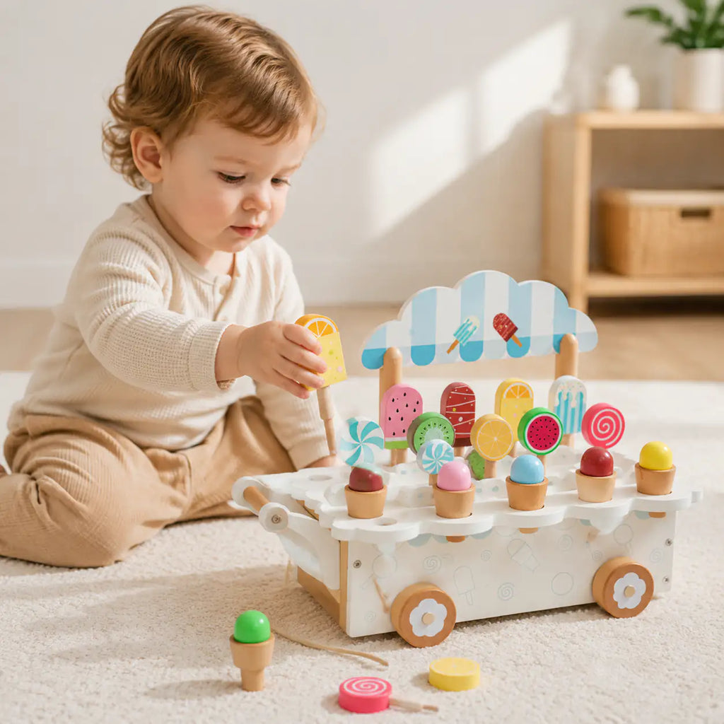Pastel wooden ice cream cart pull-along toy styled in a calm Montessori playroom