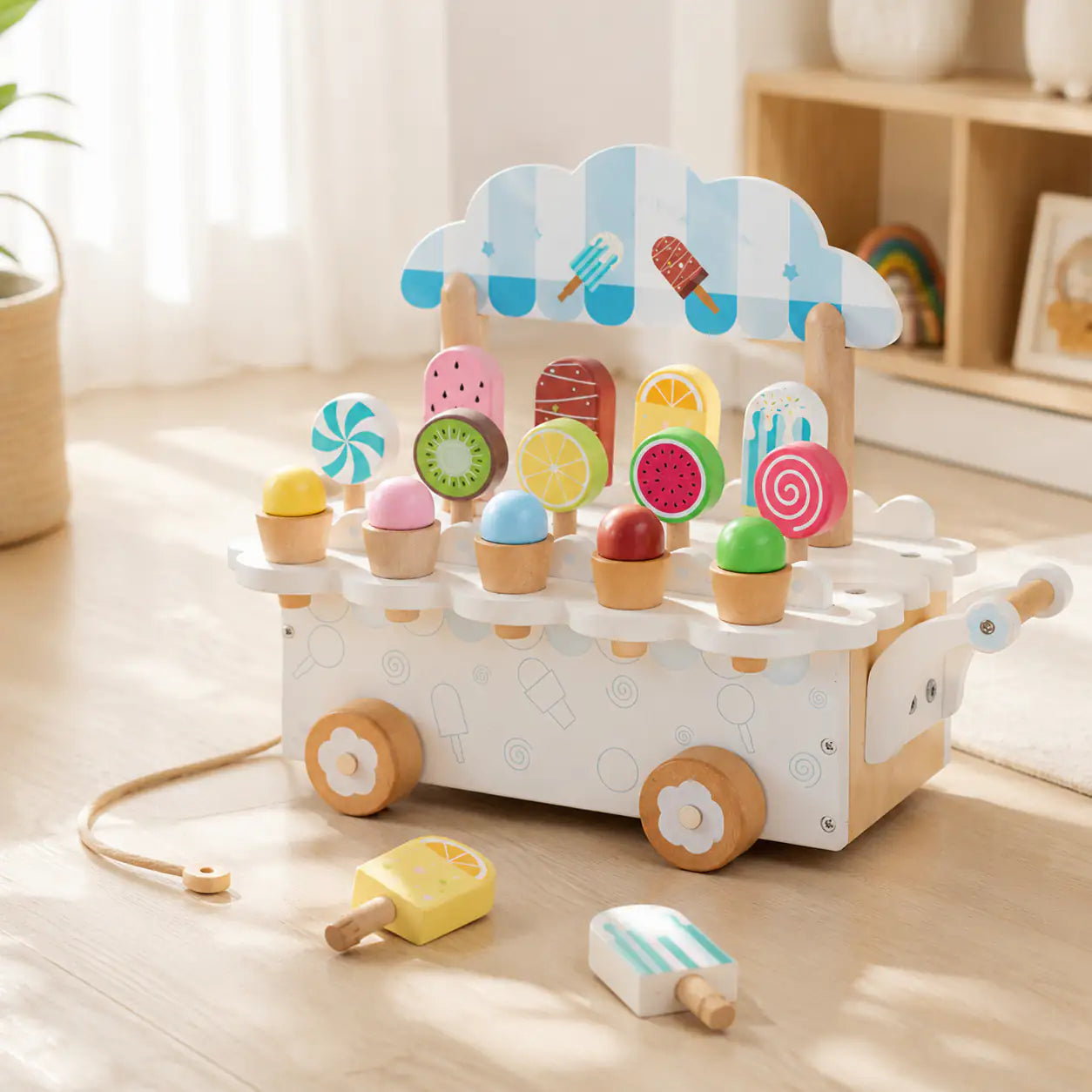 Wooden ice cream cart pull-along toy with cloud awning, popsicles and ice cream cones on a cream background