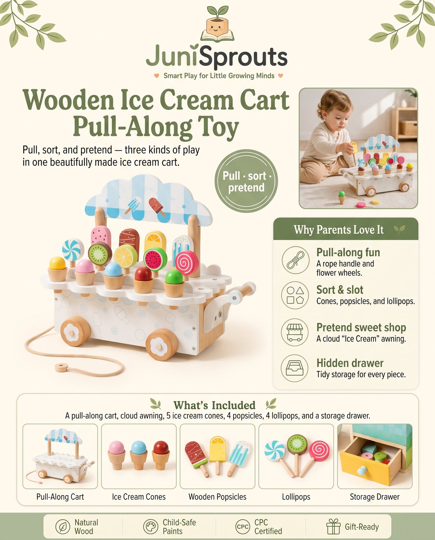 Wooden Ice Cream Cart Pull-Along Toy overview and what's included