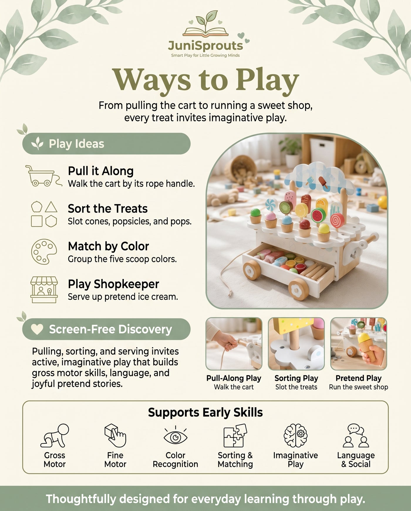 Wooden Ice Cream Cart Pull-Along Toy ways to play and early skills