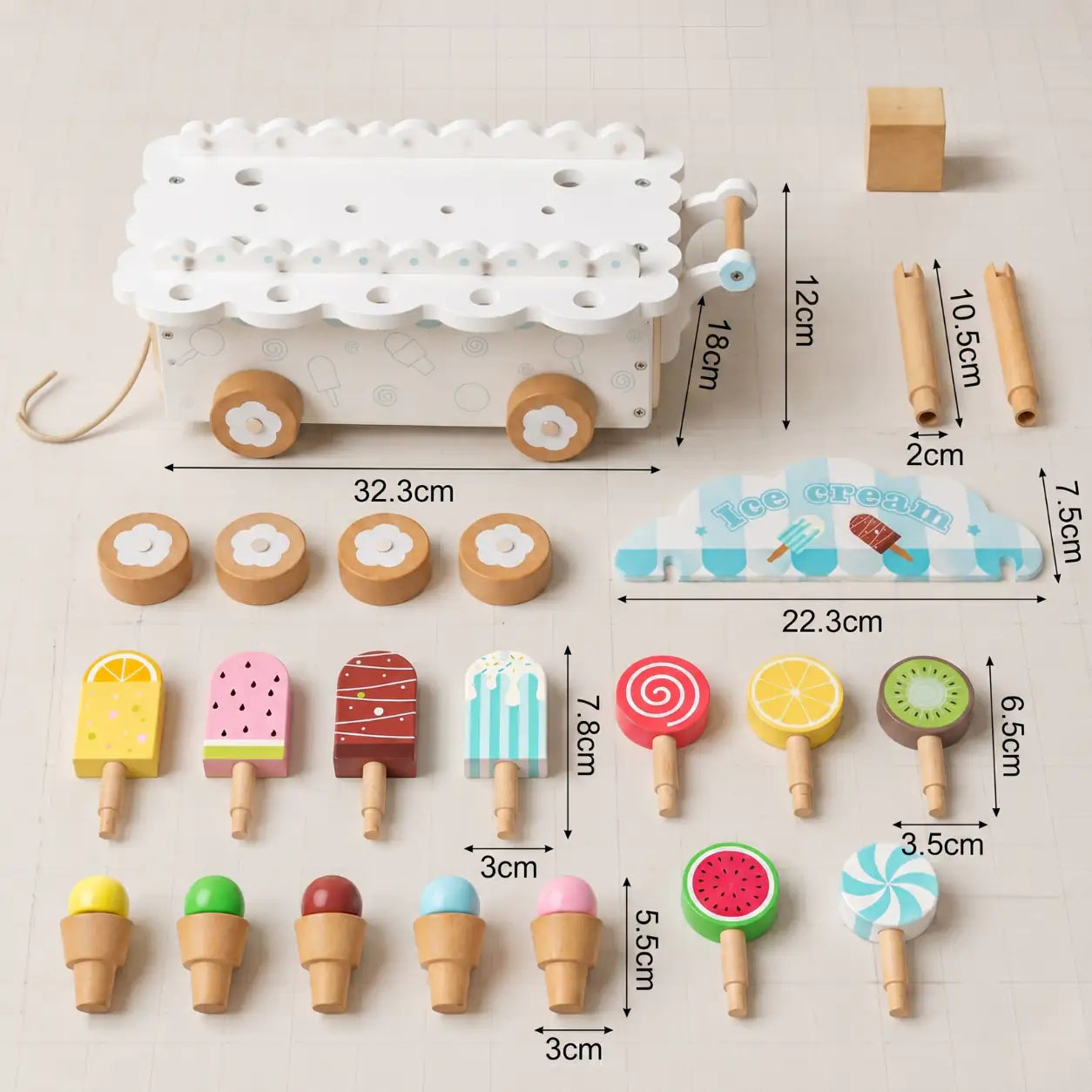 Wooden ice cream cart pull-along toy with size dimensions shown