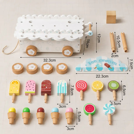 Wooden ice cream cart pull-along toy with size dimensions shown