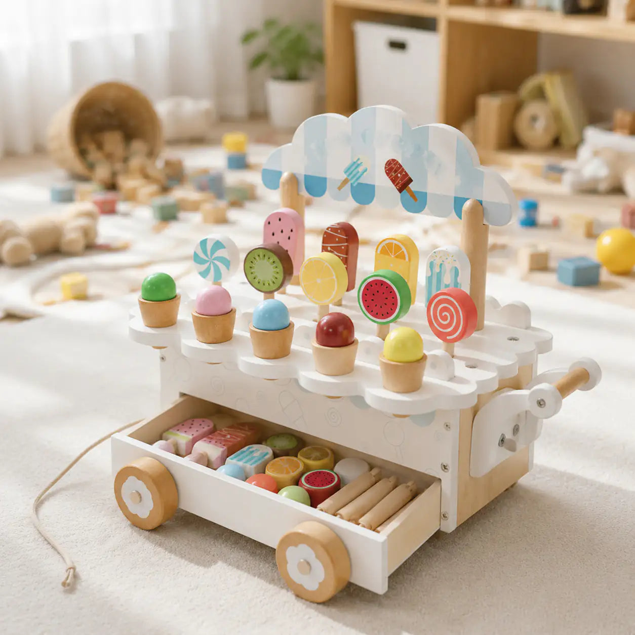 Toddler hands pulling the wooden ice cream cart by its rope handle during pretend play