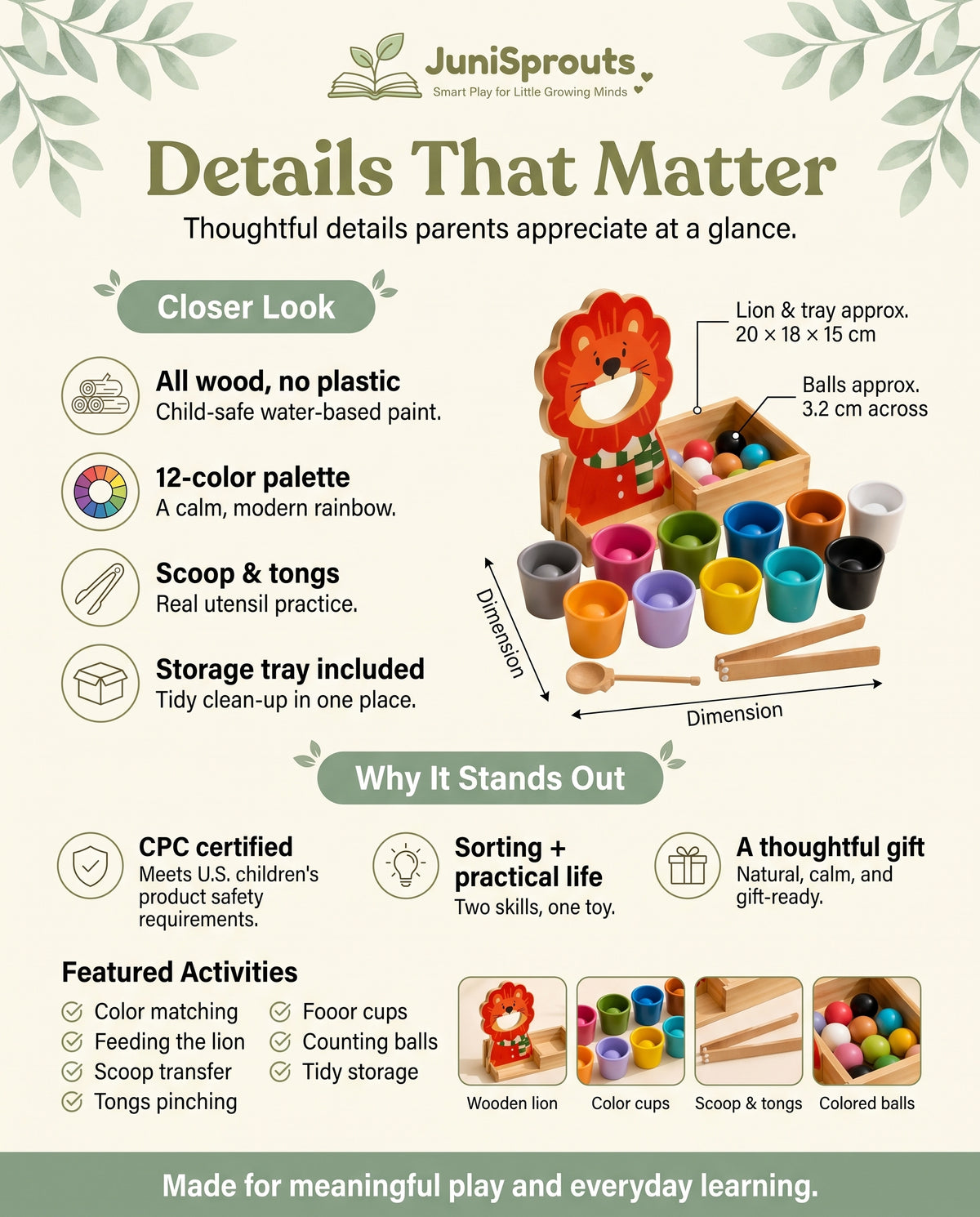Wooden Lion Color Sorter details and size reference