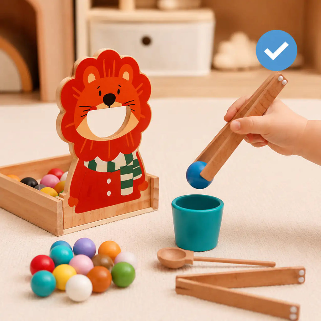 Wooden lion color sorter styled in a calm Montessori-inspired toddler playroom