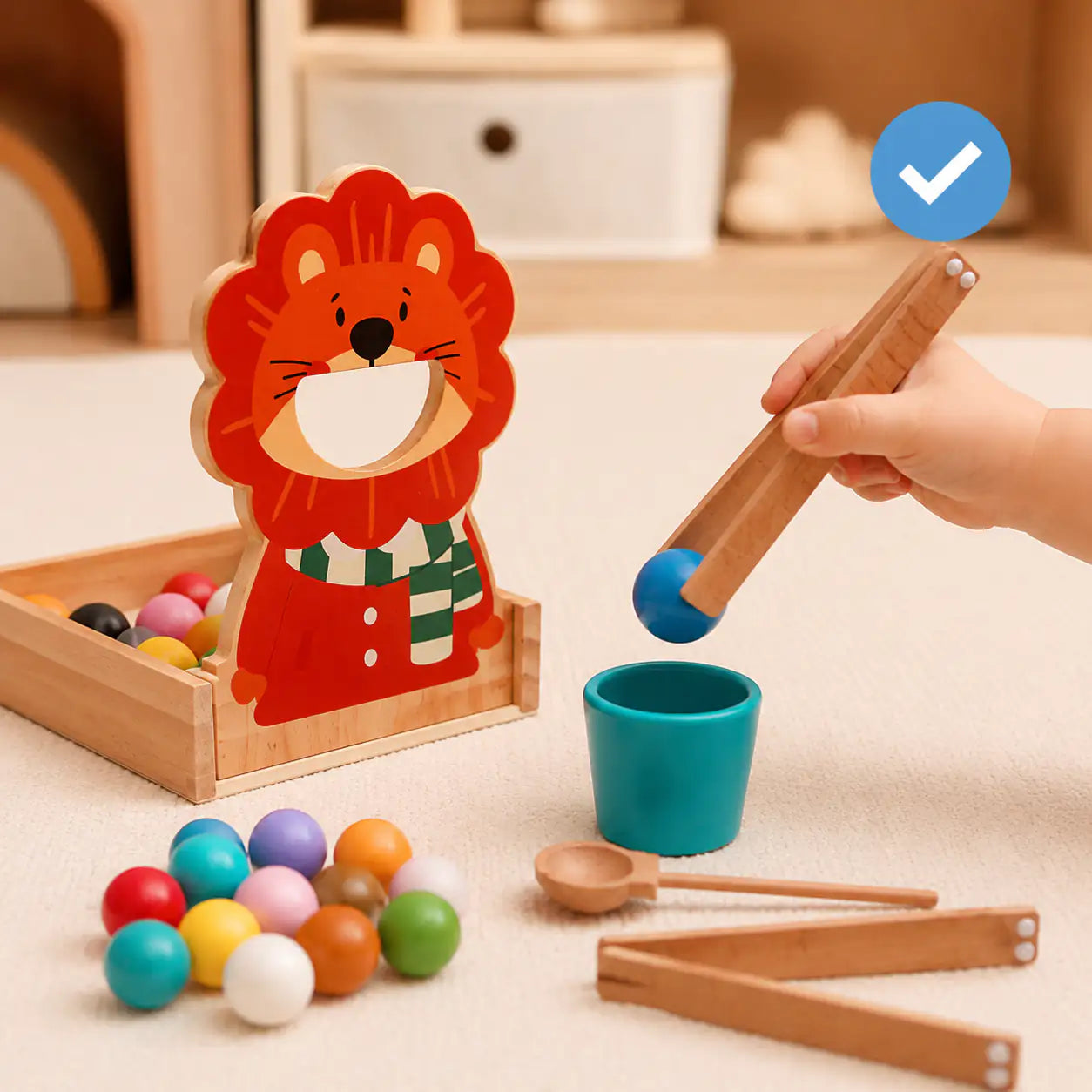 Wooden lion color sorter styled in a calm Montessori-inspired toddler playroom