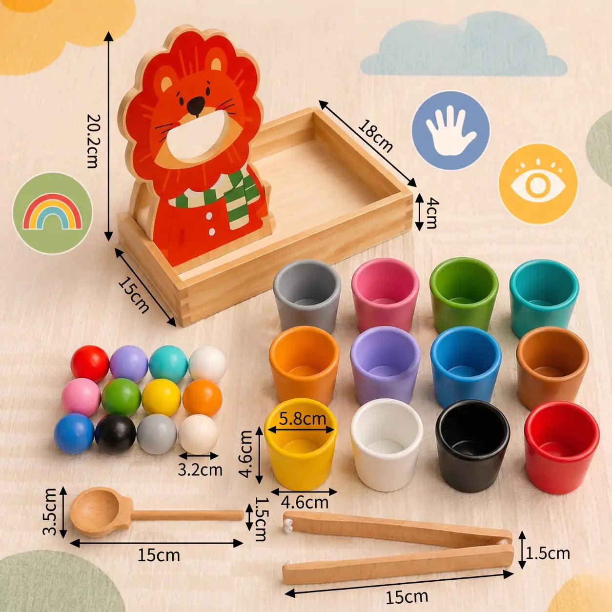Wooden lion color sorter with size dimensions shown for tabletop Montessori play
