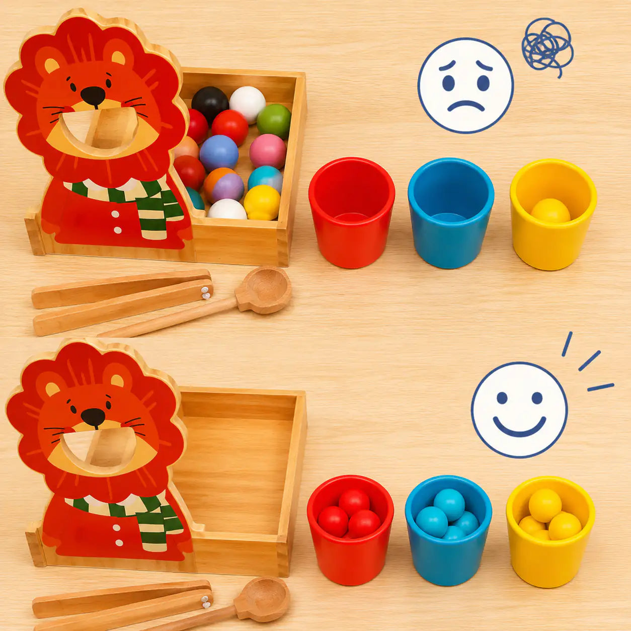 Toddler hands feeding a colored ball into the wooden lion's mouth during color sorting play