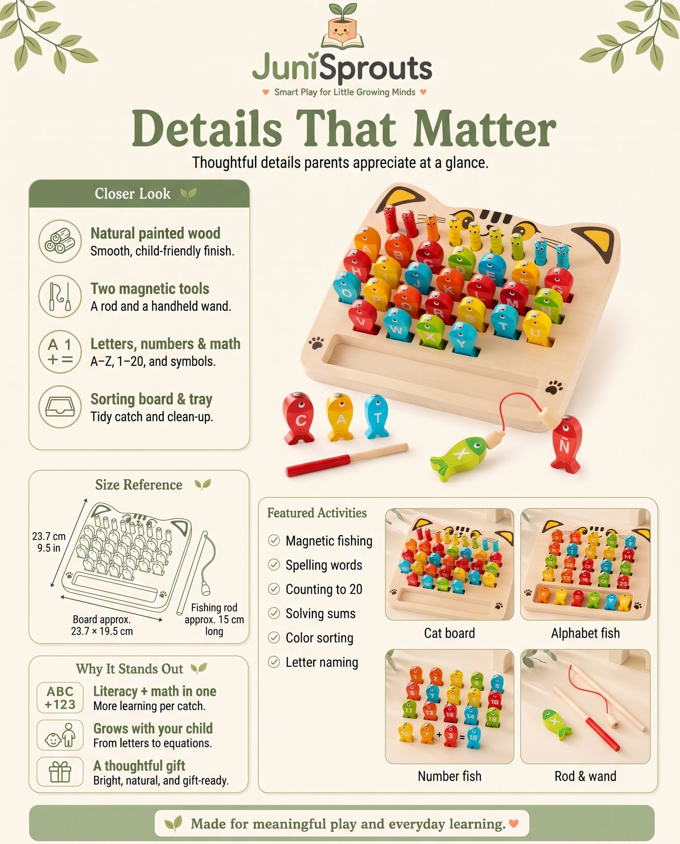 Wooden Magnetic Alphabet Fishing Game details and size reference