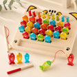 Wooden magnetic alphabet fishing game with the word CAT spelled out during play