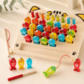 Wooden magnetic alphabet fishing game with the word CAT spelled out during play