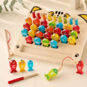 Wooden magnetic alphabet fishing game with the word CAT spelled out during play