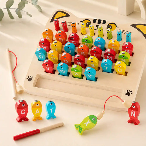 Wooden magnetic alphabet fishing game with the word CAT spelled out during play