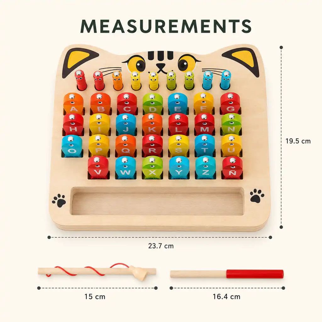 Wooden magnetic alphabet fishing game dimensions and size reference chart