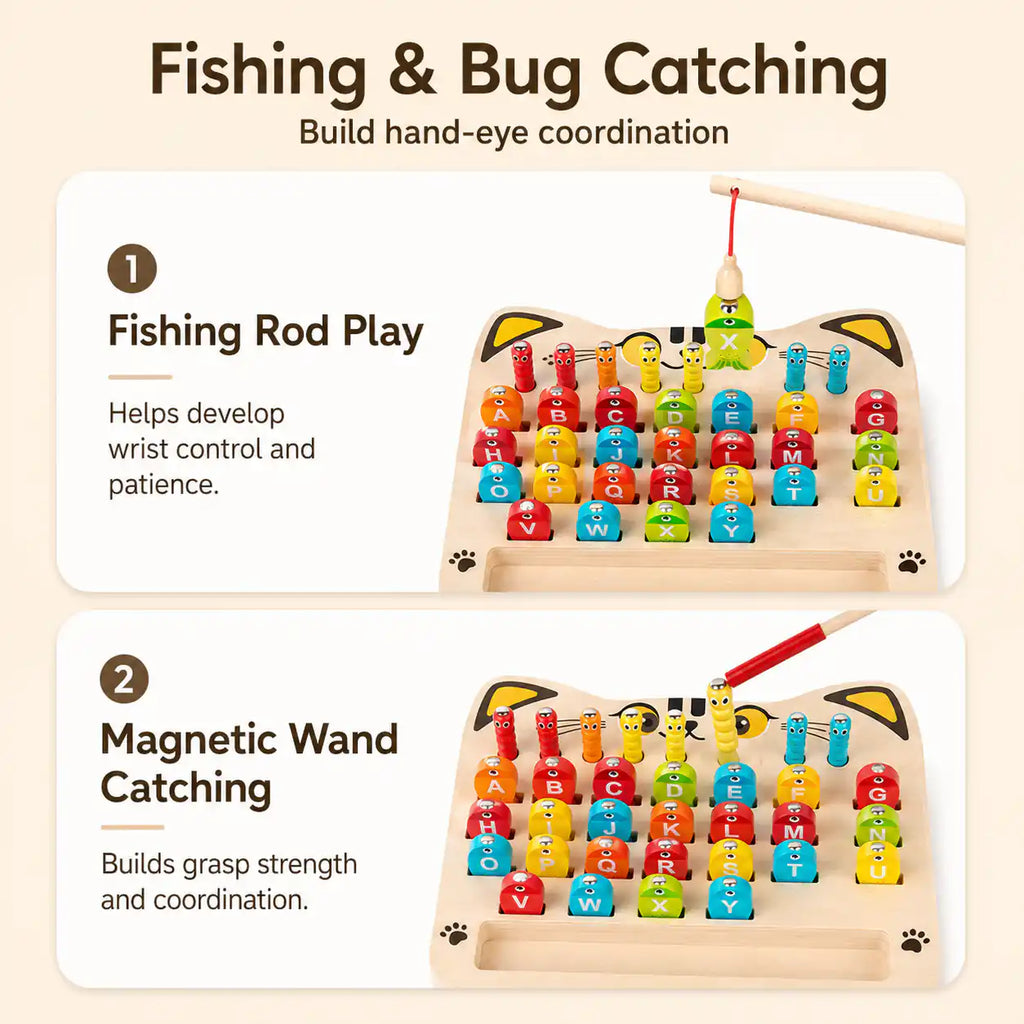Wooden magnetic alphabet fishing game features and play modes overview