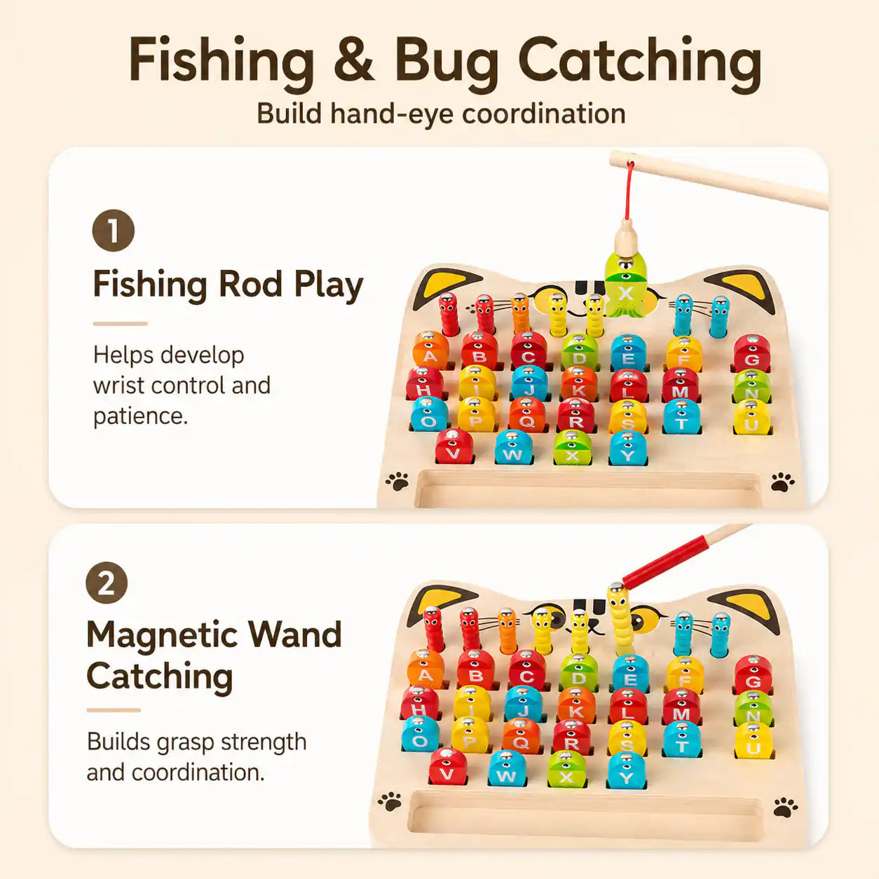 Wooden magnetic alphabet fishing game features and play modes overview