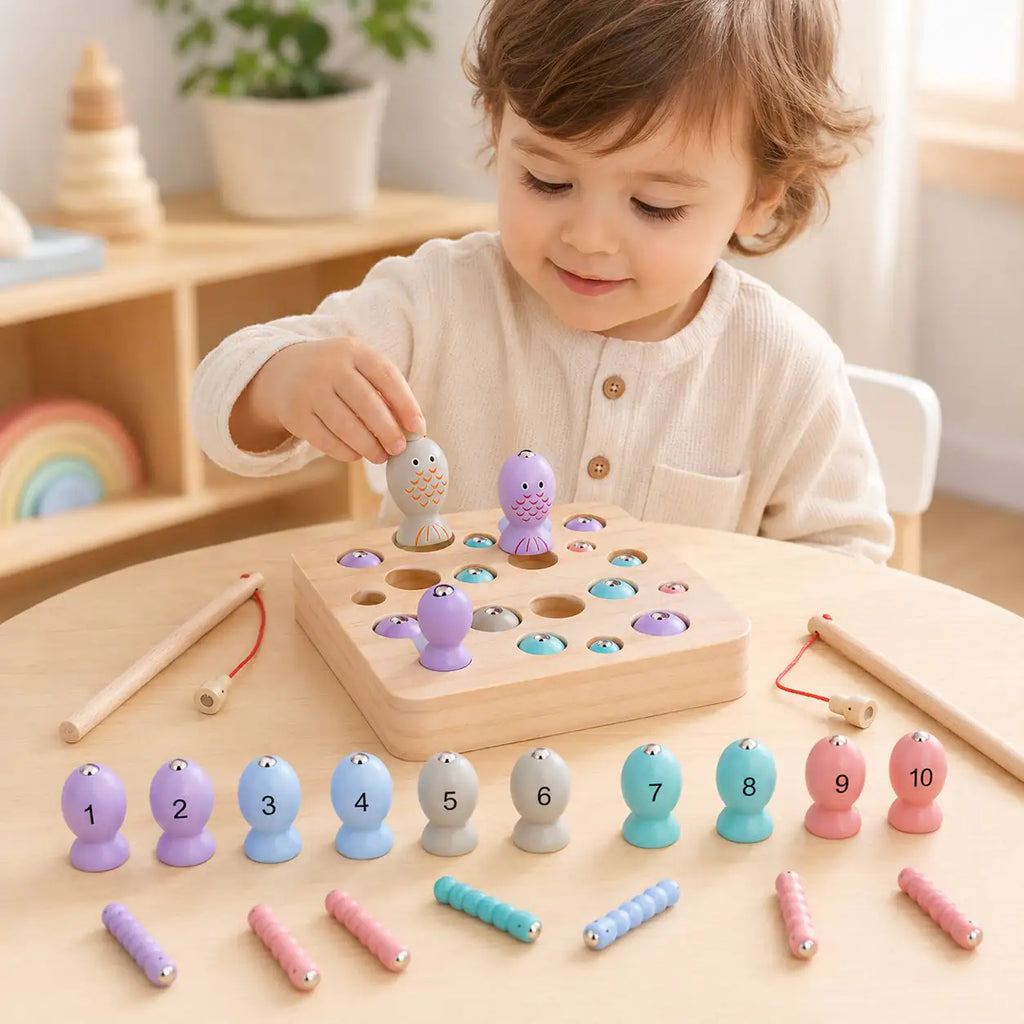 Wooden magnetic fishing game Montessori counting toy hero shot on a cream background