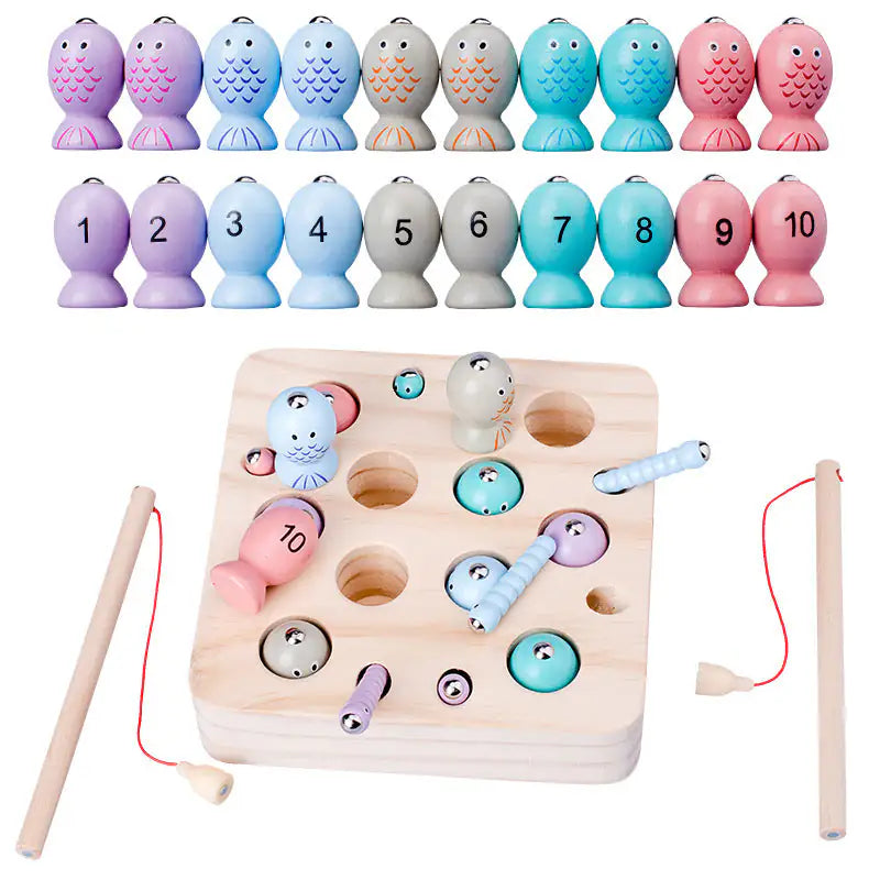 Overview of all wooden magnetic fishing game set contents including rods, fish and worms