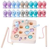 Overview of all wooden magnetic fishing game set contents including rods, fish and worms