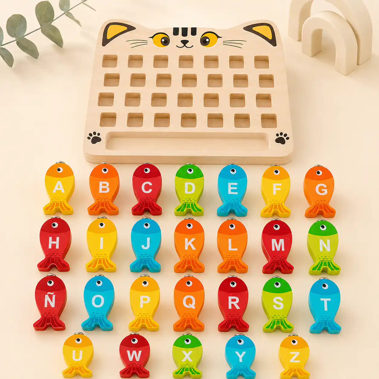 Wooden magnetic alphabet fishing game with full A to Z fish set on the cat board